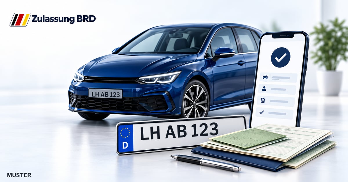 Online Fahrzeugzulassung in Havixbeck: Musterkennzeichen LH AB 123, Auto und Fahrzeugpapiere und Smartphone. Illustration mit Logo von Zulassung BRD.